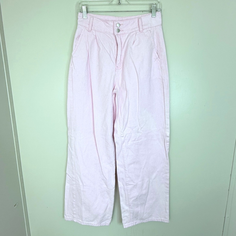 SHEIN Pants Womens 27 Pink Wide Leg High Waist Pleated Cotton Denim Trousers